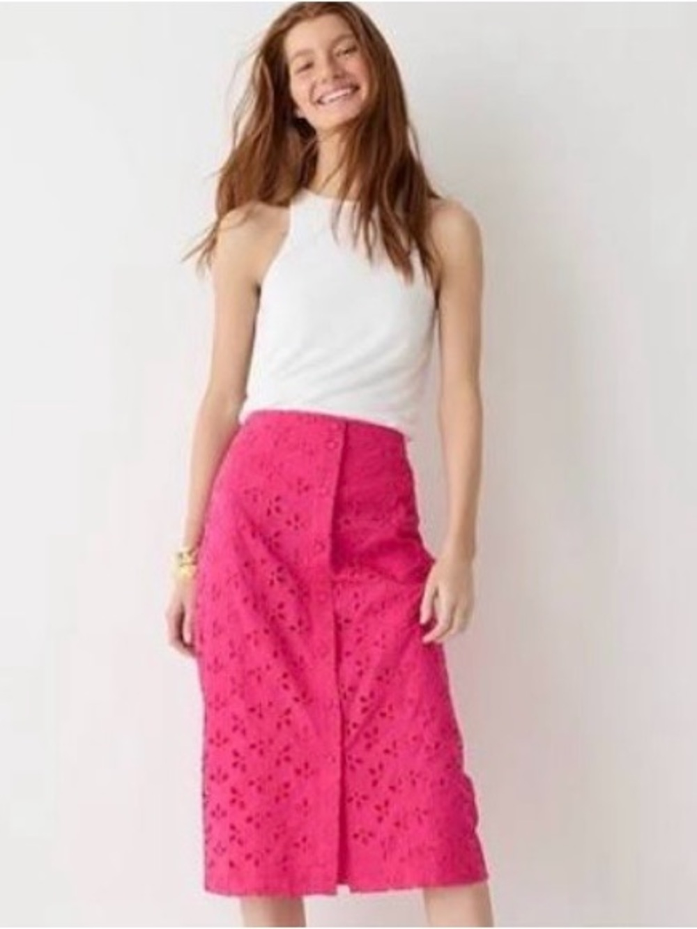 NWT J. Crew Button-front Cotton Eyelet Pencil Skirt Fuschia Size 10